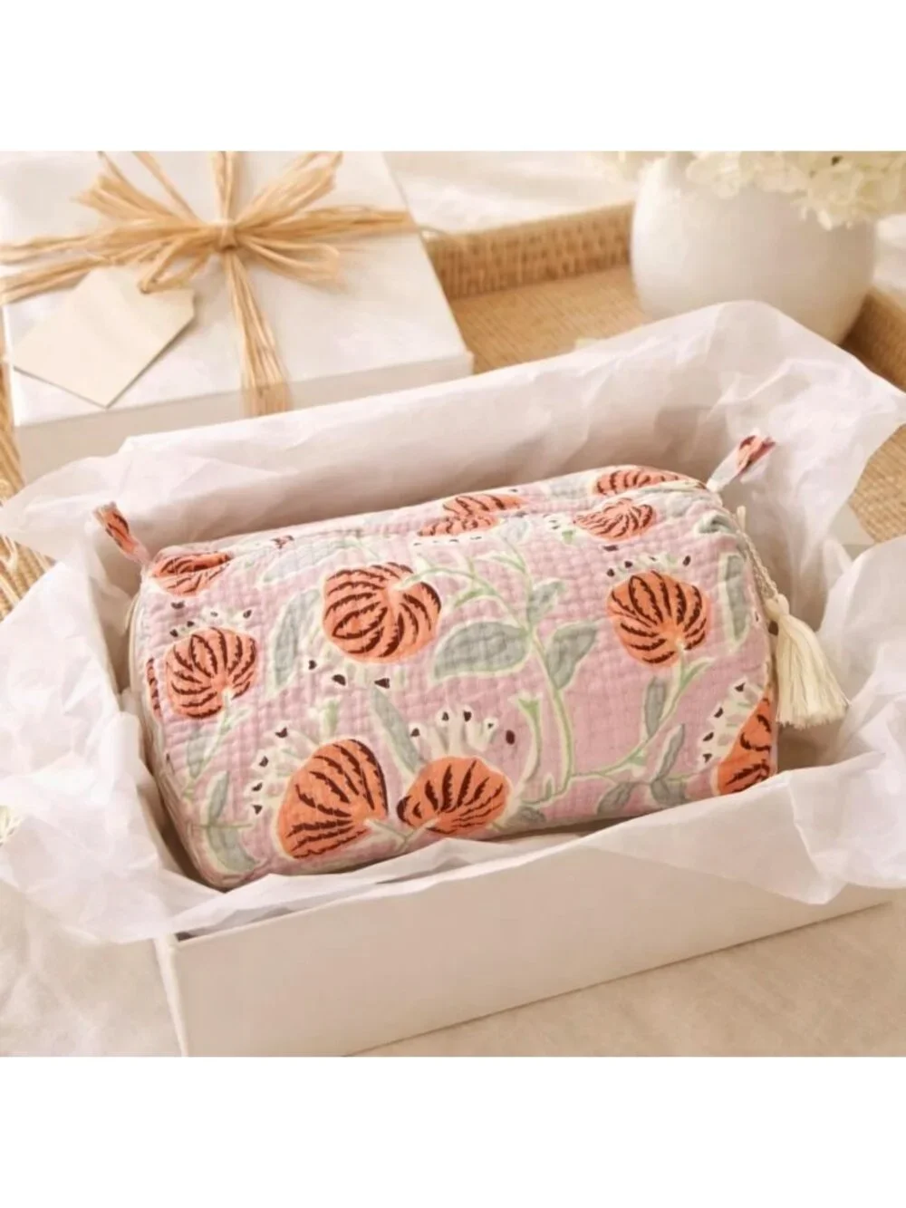 Quilted Cotton Makeup Bag & Toiletry Pouch - Handmade Travel Organizer, Boho